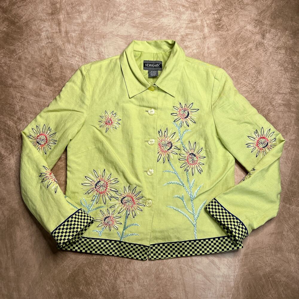 Nouveaux Vintage 90s Sunflower Embroidered Beaded Jacket Green Floral Checkered